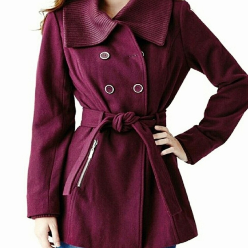 GUESS Double Breasted Wool Blend Peacoat Burgundy / Maroon
